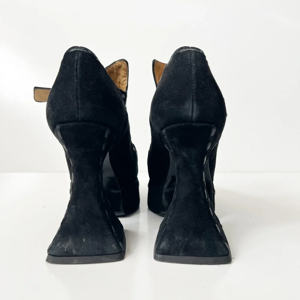 John Fluevog Mega Munster Clique Platform T-strap Heels Gothic Pumps Black Suede